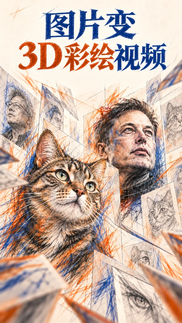 图片变 3D 彩绘视频宣传海报：人物和猫咪在彩色手绘纸层间穿梭