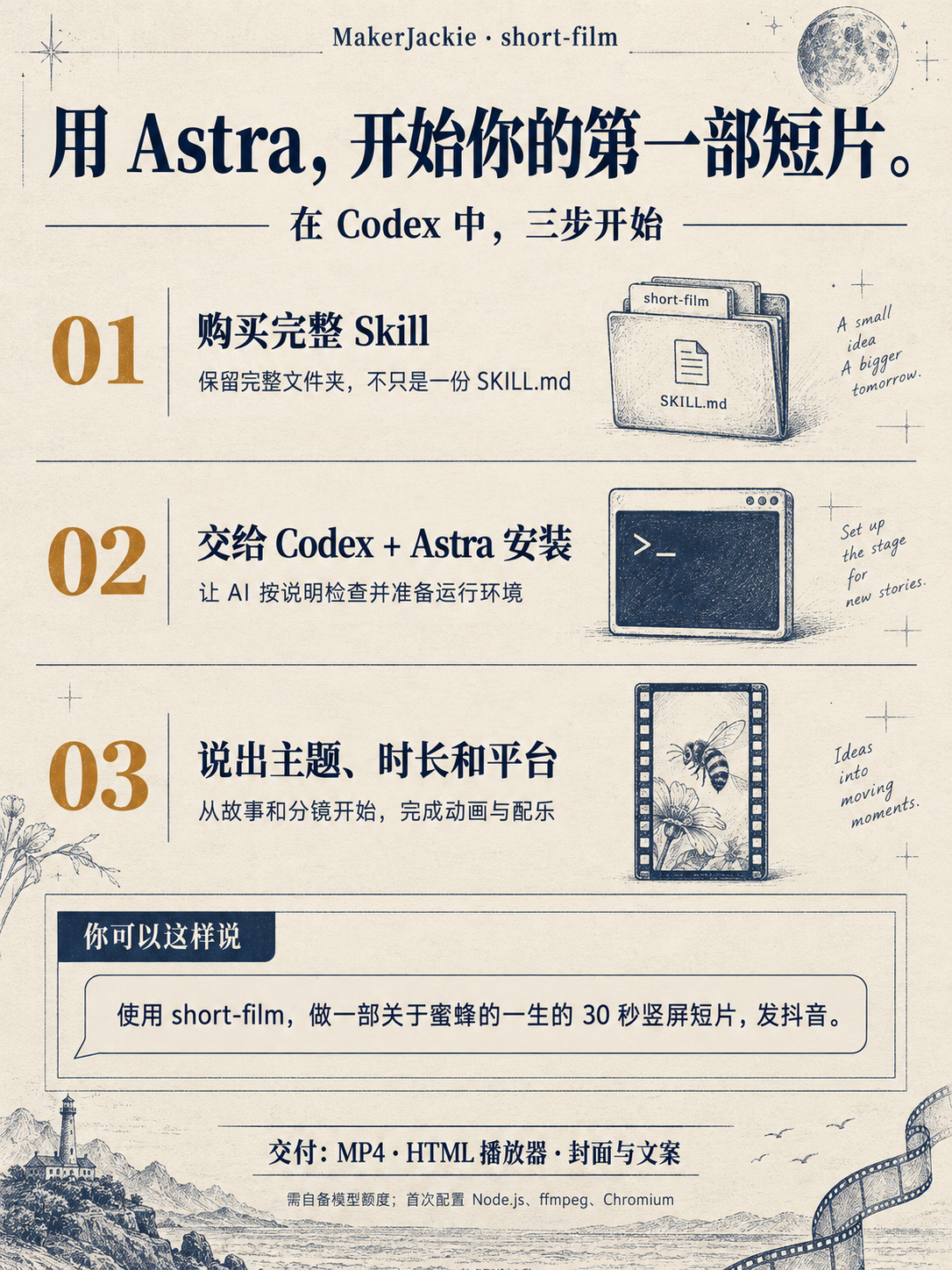 在 Codex 中用 Astra 安装并开始第一部短片的三步说明